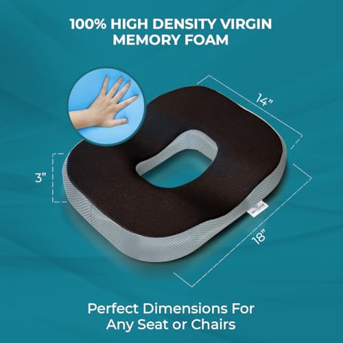 Image of WELLGIVER Orthopaedic Gel Foam Donut Pro Ring Pillow Coccyx Seat Cushion Piles Haemorrhoid Tailbone Pain Fistula Prostate Post Natal Pain Relief | 18 x 14 x 3 Inch | Premium Air Mesh Removable Cover