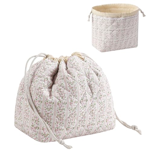 Small Cotton Quilted Drawstring Makeup Bag, Cute Coquette Cosmetic Bag with Canvas Lining, Aesthetic Travel Organized Toiletry Bags for Purse, Gift for Girls and women(02Samll Flower)