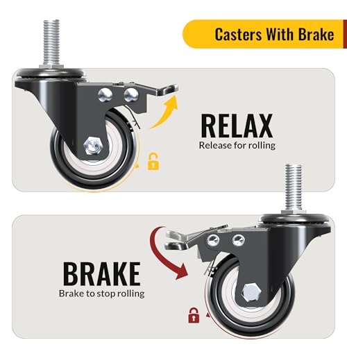Image of HOLKIE Stem Caster Wheels 2 inch Total Locking Casters Set of 8, Threaded Stem 5 /16 inch -18 x 1 (Diameter 5 /16 inch, Length 1 inch) Swivel Heavy Duty Castors Black