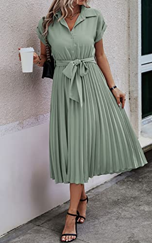 Image of ECOWISH Womens Casual Midi Dresses Solid V Neck Short Sleeve Button Shirt Belted Dress with Pockets for Spring Summer 2026