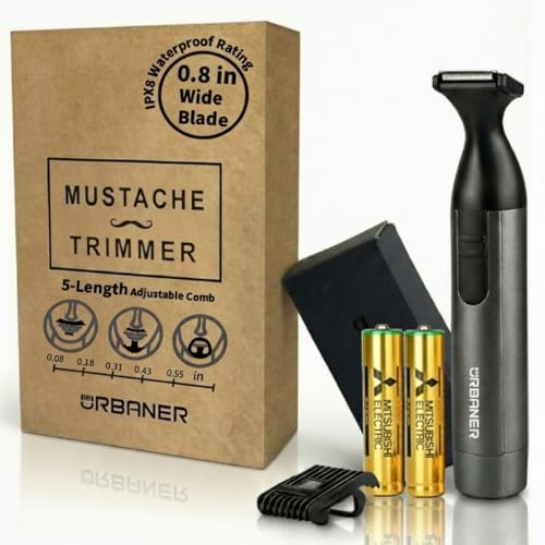 URBANER Mustache Trimmer – 0.8' Wide Blade, Waterproof & Adjustable, 0.08”-0.55” Precision Settings, Lightweight Grooming Clipper with Japanese Steel Blade for Travel Use (Black and Gray)