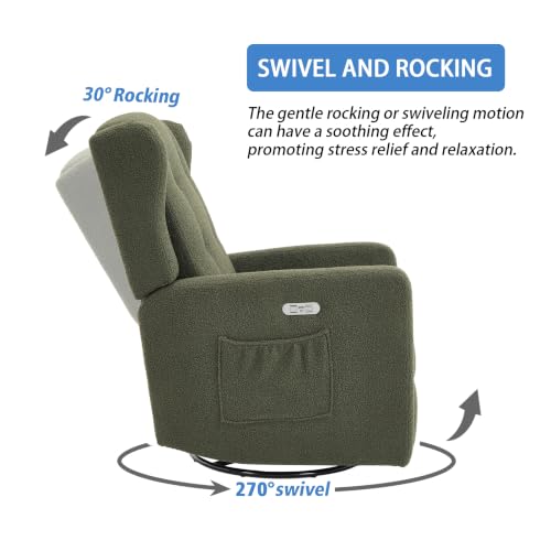 Image of Ketaiyou Power Swivel Rocking Recliner Chair, Electric Rocker Nursery Glider Chair, USB and Type-C Ports, Upholstered Teddy Fabric Reclining Single Sofa Chair for Living Room (Green)
