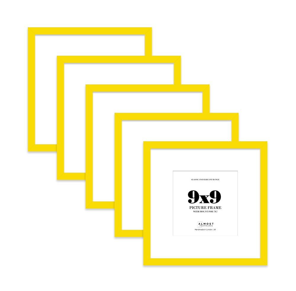 9x9 Yellow Picture Frame with Mount for 7x7 Photos, Prints - Modern Square Wall Frame, Set of 5