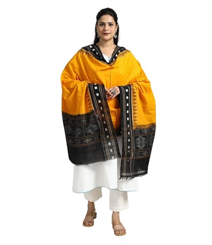 Image of Cotton Dupatta with weaving and Ikat woven border from the Weavers Stole for Girls & Women