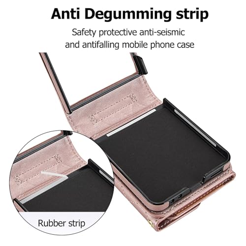 Image of Phone Case for Samsung Galaxy Z Flip 7, Crossbody Wallet Phone Cover with Card Holders Cash Slot Wristlet Strap, Fashion Leather Handbag Flip 7 Phone Case for Women Girls Rose Gold