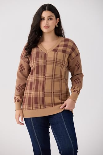 Image of CARCOS Plus Size Sweaters for Curvy Women Long Sleeve Cable V Neck Sweater Knit Pullover Preppy Style Fall Winter XL-5XL