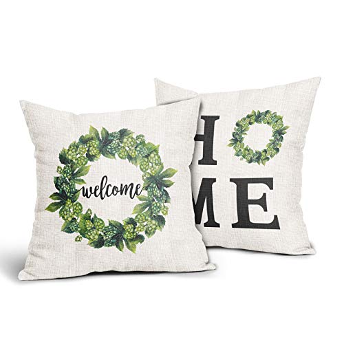 DZGlobal Welcome Home - Juego de 2 fundas de almohada, diseño de corona de pino, hojas de corona verde, fundas de almohada de algodón y lino, 45,7 x 45,7 cm para sala de estar, sofá o dormitorio