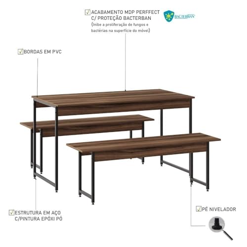 Conjunto Mesa de Jantar com 2 Bancos Estilo Industrial Active Yescasa Nogal