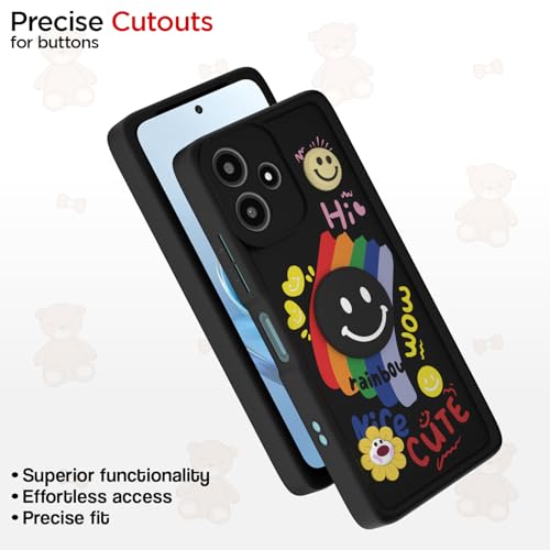 Image of Pikkme Back Cover for Redmi 12 5G / Poco M6 Pro 5G | Soft Silicone| Cute Rainbow Smile & 3D Cartoon Flower Design | Shockproof Raised Camera Protection Bumper Case (Black)