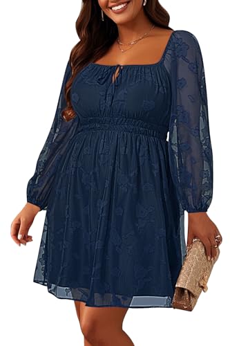 Pinup Fashion Plus Size Wedding Guest Dress 2025 - Graduation Spring Long Sleeve Floral Lace Short Dress