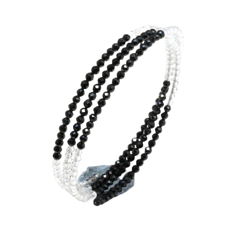 Natural White Topaz & Black Spinel 3 Layred Gemstone rondelle faceted 7inch Beads Stretchble bracelet crystal healing energy stone bracelet for Women & Men Adjustable Size