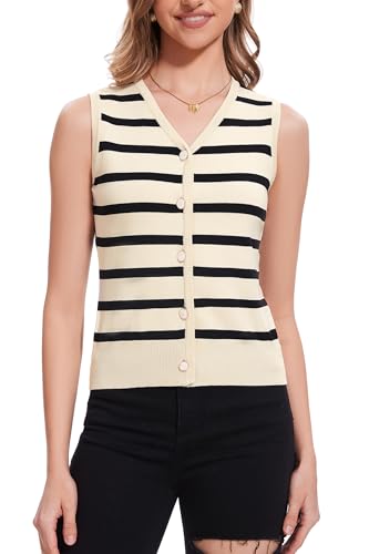 Women's Vest V Neck Striped Lightweight Sleeveless Sweater Button Up Knit Tops Summer Casual Outfits