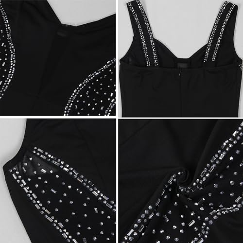 Image of Jigfar Women Sexy Elegant Rhinestone Mesh See Through V Neck Bodycon Jumpsuit Party Club Night Outfits Playsuits(FK3260,Black,XXL)