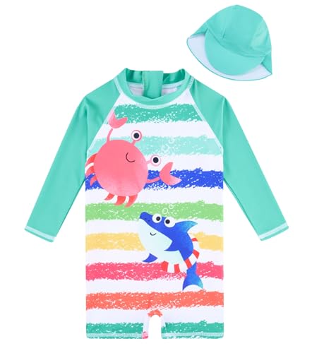 18 Month Swimsuit Baby Boy Shark Crab Bathing Suit for Toddler Boys 12-18 Months One Piece Swim Suit with Sun Hat Long Sleeve Swimwear