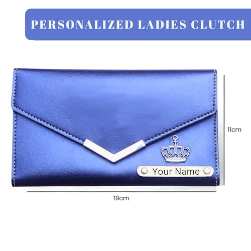Image of Personalized Leather Clutch for Women | Custom Name & Charm | 3-Fold Ladies Wallet | Stylish Purse Gift for Girlfriend, Wife, Mother & Sister | Multi-Compartment Wallet (Blue)