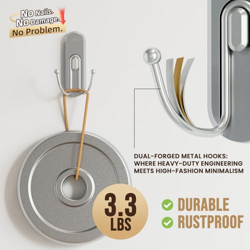 Image of TAILI Adhesive Double Hooks for Hanging, 4 Coat Hooks & 6 Strips, Silver