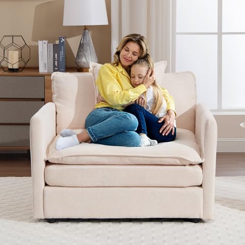 Sillón moderno chenille beige con otomán miniatura 5