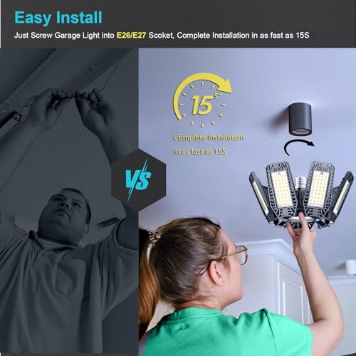 led garage light 2 pack - 200w 20000lm 6500k led garage ceiling lights with 71 adjustable panels shop lights screw in e26 e27 bulb socket for workshop storage room basement warehouse