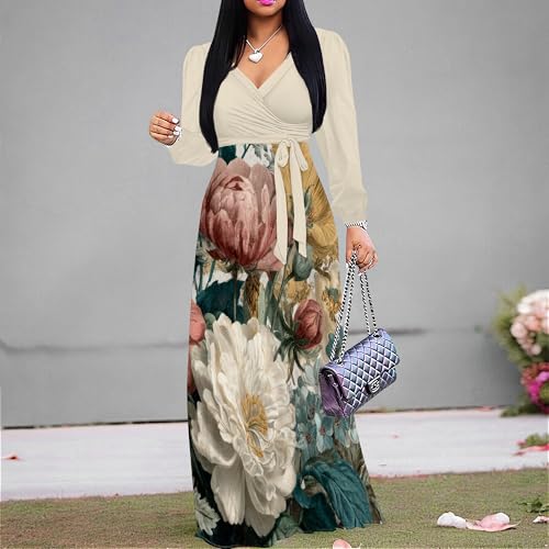 Image of Women's Plus Size Maxi Dresses Long Sleeves V Neck Floral Print Bohemian Swing Long Dress with Belt