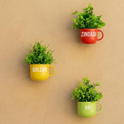 Image of Dekorly Colorful Wall-Mounted Mug Planters with Faux Greenery(20 CM)- Wall Decorative Pots for Vibrant Home & Office Decor| (3, Zindagi Gulzar Hai)