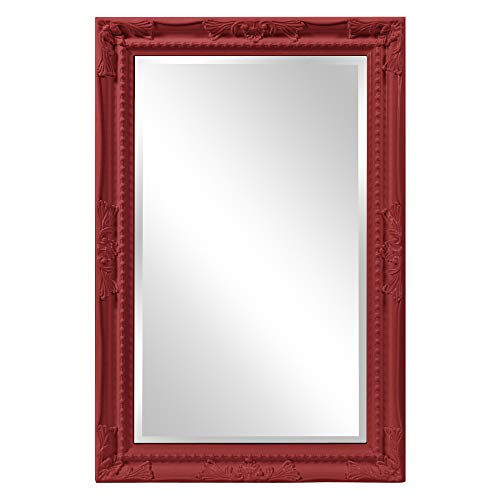 Image of Howard Elliott Collection Queen Ann Rectangular Glossy Red Wall Mirror, Rectangle Hanging Wood Framed Vanity Mirrors for Home Decor, Living Room, Bathroom, Bedroom, or Hallway, 24 x 36 Inch