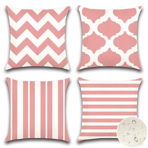 Artscope Juego de 4 Impermeables Bohemia Funda de Cojines, de Exterior Funda de Almohada Geometría para Patio Balcón Jardín Sofá Oficina Hogar Decorativas 40x40cm Geometría70-Rosa
