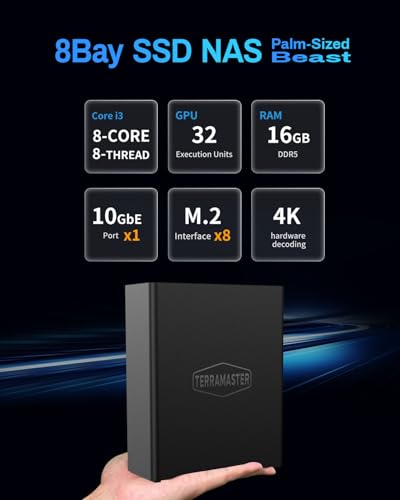 Image of TERRAMASTER F8 SSD Plus NAS - 8Bay All SSD NAS Storage Core i3 8-Core 8-Thread CPU, 16GB DDR5 RAM, 10GbE Port, 8 Heat Sinks Included, Palm-Sized Network Attached Storage Peak Performance (Diskless)