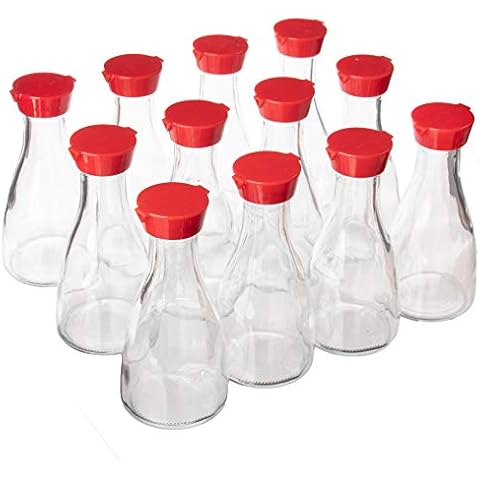 5-Oz (148 mL) Soy Sauce Bottles & Red Caps - 12 Pack - Clear Easy Pour Glass Condiment Dispensers in Bulk - Food & Salad Bar Utensils & Accessories for Restaurants, Cafes, Weddings, & Parties Cover