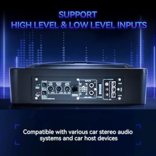 Image of 1000W Car Subwoofer, 10'' Slim Under Seat Powered Car Subwoofer w /Built-in Amplifier & Hi /Lo Input, Bass Speaker Subwoofer with Blue LED Light, Individual Control, for Car /Truck /SUV /Jeep /MPV, X-shaped