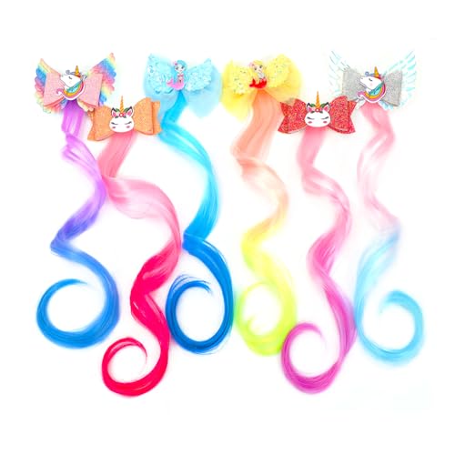 6 Pcs Hair Accessories for Girls Bows for Girls Unicorn Hair Clips with Colorful Ombre Hair Extensions Glitter Bow Design
