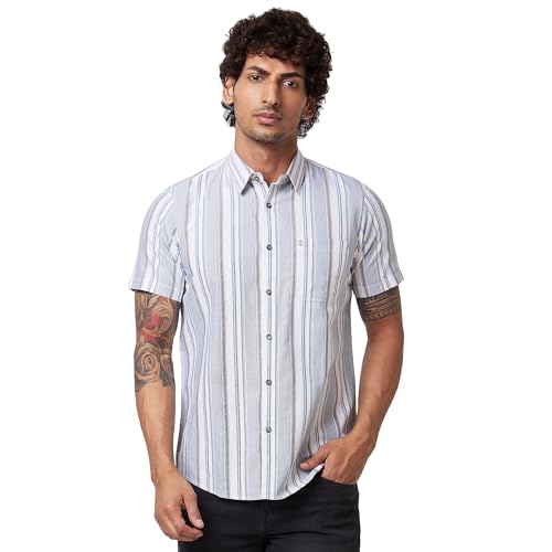 Image of Spykar Men's Regular Fit N /A Half Sleeve Striped Casual Shirts
