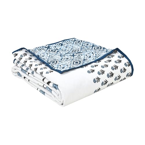 Image of BLOCKS OF INDIA 100% Cotton Dohar King Size Reversible Hand Block Printed Malmal Summer Dohar /Blanket (Color 48)