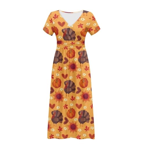 Image of Women's Fall Summer Short Sleeve Ankle Length V-Neck Party Dress with Pockets Size S-3XL
