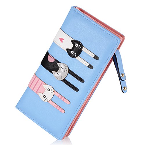 Women's Wallet Cute Cat Wallet Coin Purse Bifold Long Purse with Zipper Sky Blue
