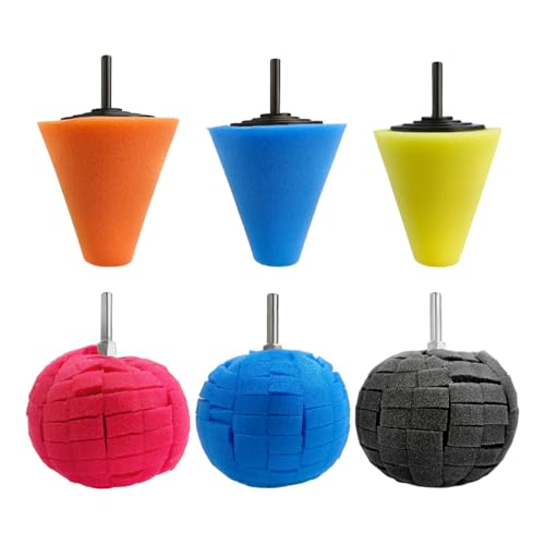 Wevdn 6 PCS Car Wheel Hub Drill Buffing Sponge Pads, Sponge Polishing Cone and Ball Pads Kit, Polishers Pads for Vehicle Wheel Hub Cleaning Care Waxing, Universal Car Accessories