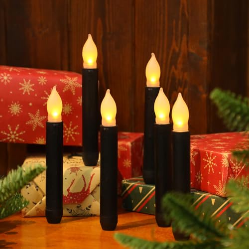 Image of Macarrie 60 Flickering LED Taper Candles, Black Candle Yellow Light