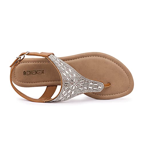 Beneker Women's Rhinestone Thong Flat Sandals T-Strap Fashion Sandals Ankle Strap Summer Gladiator Sandals Brown 10 #TOP2
