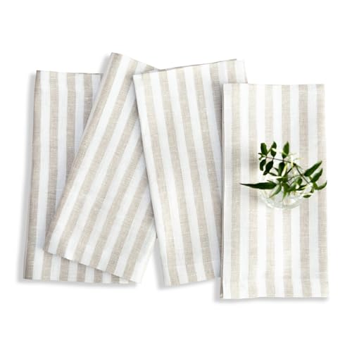Image of Solino Home 100% Pure Linen Napkins, 20 x 20 in, Natural Striped, Set of 4