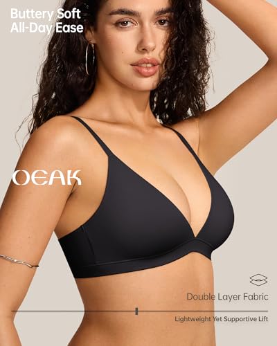 OEAK Womens Comfortable Triangle Bras No Underwire Sexy Plunge Unlined Bralette Pull On Bra Seamless Everyday Tshirt Bras Black M4
