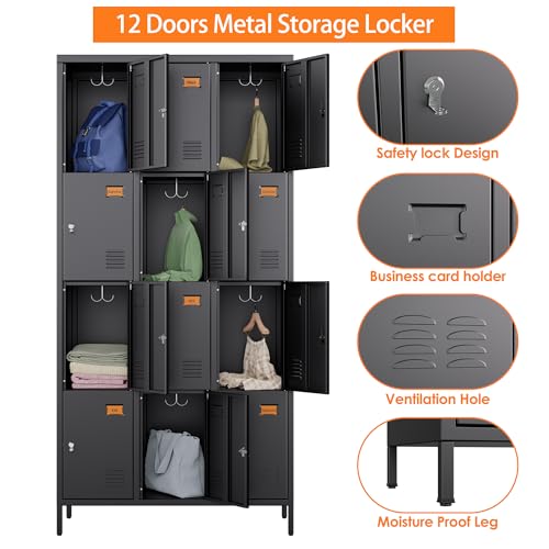 Image of SUXXAN 12 Door Metal Lockers for Employees, Heavy Duty Steel Storage Locker with Adjustable Padlock Hasp & Name Tag Slots, Professional Office Gym School Locker Cabinet, Black
