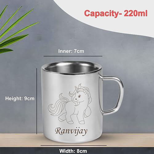 Image of SAVRI Personalized Stainless Steel Mug for Kids with Customized Name Engraved & Cartoon Design | 220 ml Double Wall Insulated Mug for School, Milk, Juice & Water (Unicorn)