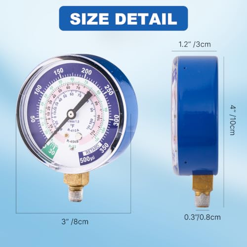 Image of A2L Manifold Gauge, R454B Blue Low Pressure Gauge, 1 /8 inch Male NPT (80 mm) Refrigerant Pressure Gauges for R-454B R-32 R410A HVAC System, 500 PSI (Blue)