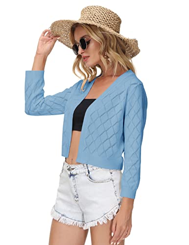 Women Dress Shrugs Classic Lightweight Bolero Cardigan Sweater 3/4 Sleeve Open Front Knitted Tops Light Blue Xl #TOP2