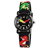 Venhoo Kids Watches Cartoon Waterproof Silicone Children Wristwatches Time Teacher Gifts for Boys-Black Dinosaur