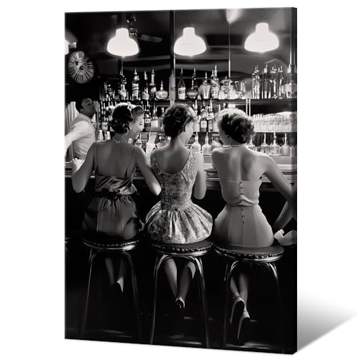 Vintage Black and White Posters Trendy Women Drink Cocktail Wall Art Funky Girly Room Decor Retro Alcohol Canvas Prints Three Friends Pictures for Bar Cart Apartment Dorm Aesthetic 16x24in Framed