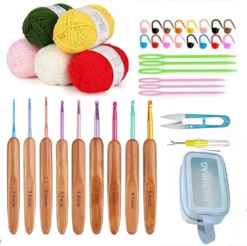 Image of Dodhar Complete Crochet Kit for Beginners - 9 Ergonomic Crochet Hooks Set with Yarn, Stitch Markers, Needles, Cutter & Storage Case - DIY Knitting Starter Kit for Adults & Kids (Wood Rainbow Hook)