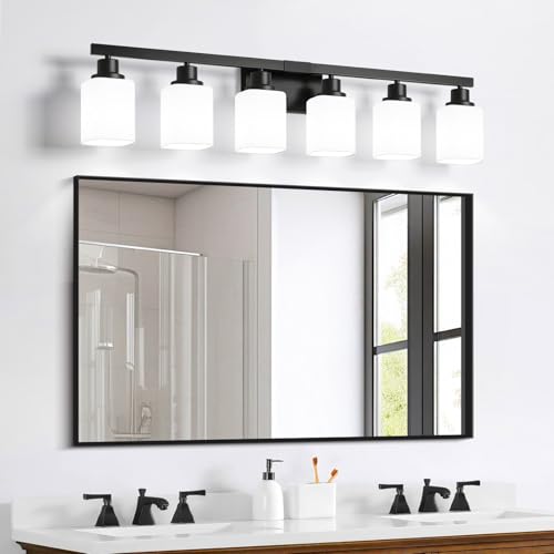 Image of 6 Light Bathroom Vanity Light, Modern Matte Black Bathroom Light Fixtures with Square Frosted Glass, Wall Sconces fixtures Over Mirror Restroom,Living Room Hallway E26