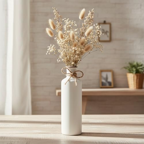 Image of PUREZENTO White Vintage Roman Bottle Vase - 9.8 Inch (Pack of 1) | Decorative Bottle Shape Vase with Twine Bow for Rustic, Farmhouse & Home Decor | Vases for Living Room, Dining Table & Office Styling