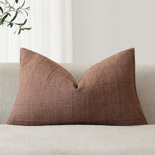 Image of Foindtower Set of 1 Decorative Linen Check Throw Pillow Cover Neutral Farmhouse Lumbar Cushion Cover Modern Boho Home Decor for Sofa Chair Couch Bedroom Living Room Outdoor,12x20 Inch,Autumnal Red