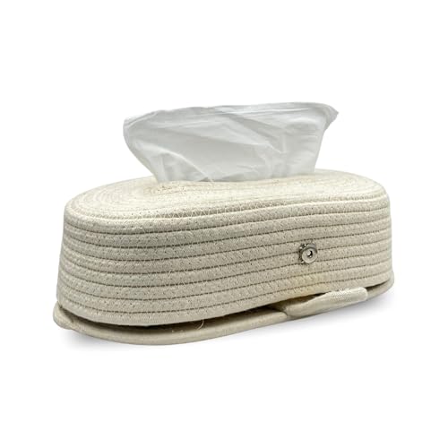 Image of BOBBINY Jute Cotton Tissue Box Holder, Handcrafted Tissue Container for 100 Pulls Natural Tissue Holder for Office Living Bedroom Car Desk Dining Table Home Decor (Off White, Design 6)